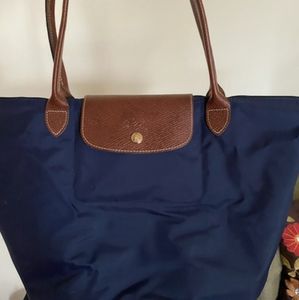 Blue and Brown Large Le Pliage Tote